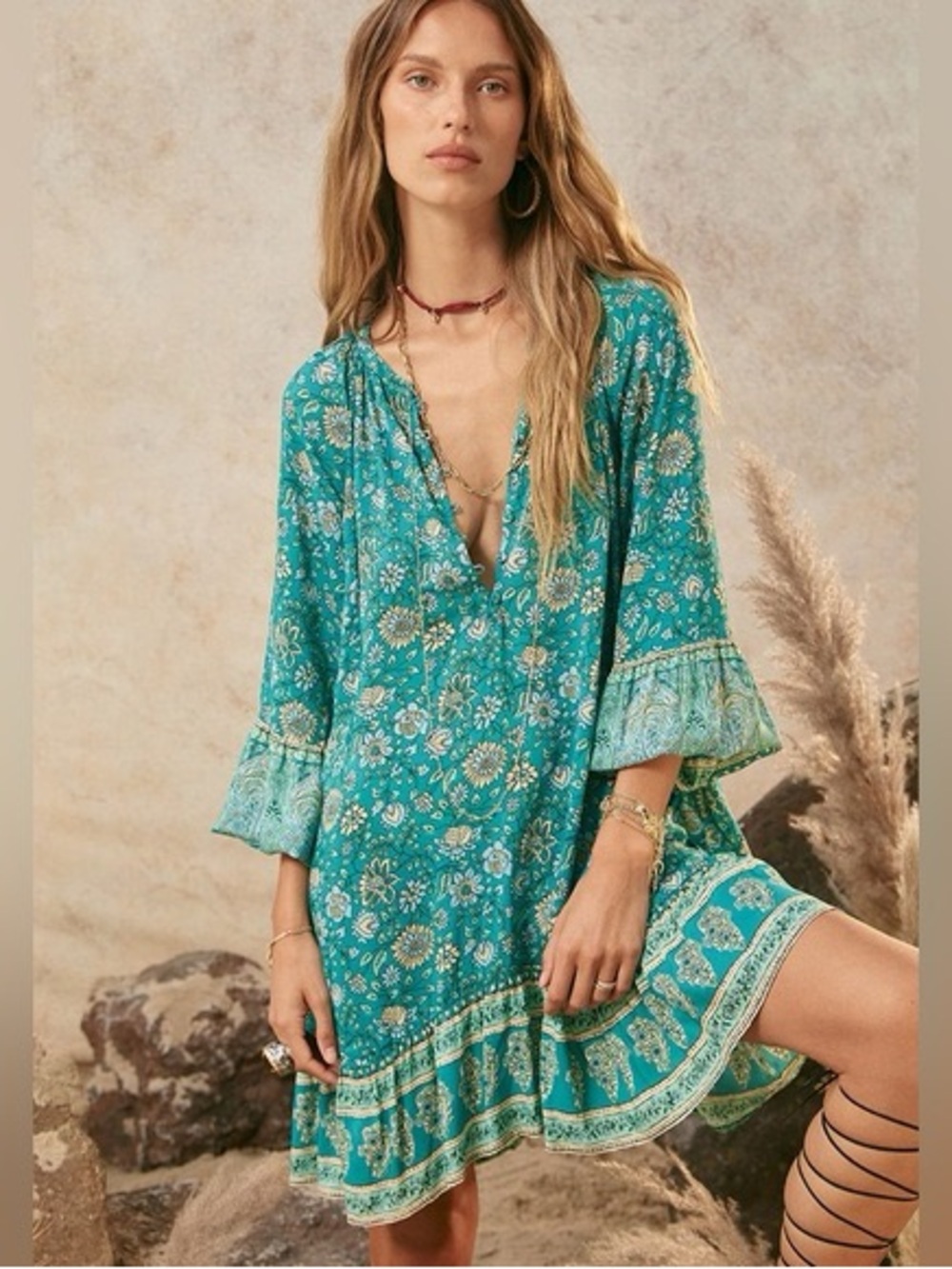 ๐ Spell Elysian Tunic Floral Mini Dress Ruffle Hem in Jade XS - Picture 9 of 11